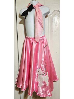 Poodle Skirt Costume Girls S/M 50s Sock Hop Glasses Scarf Halloween Pink Satin